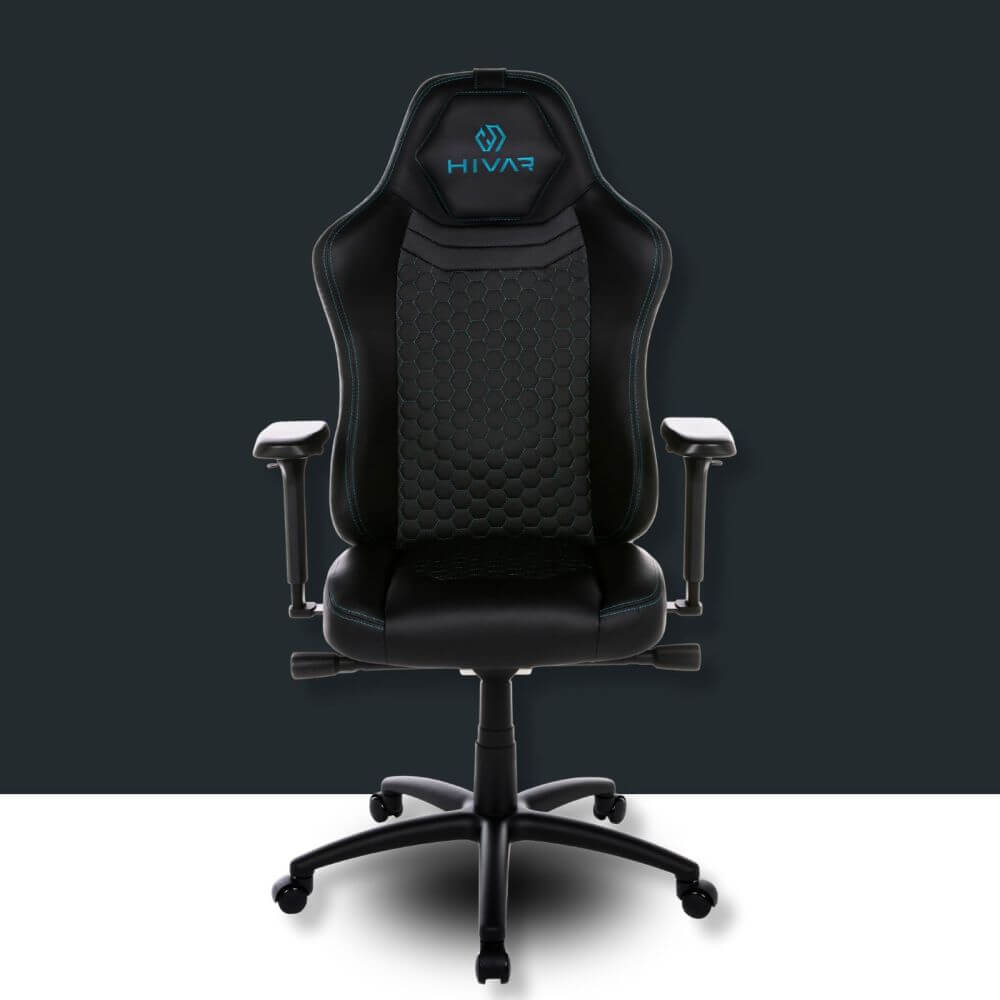HIVAR Orbical Onyx Gaming Stuhl in schwarz mit türkisen Nähten vor einem schwarzen Hintergrund