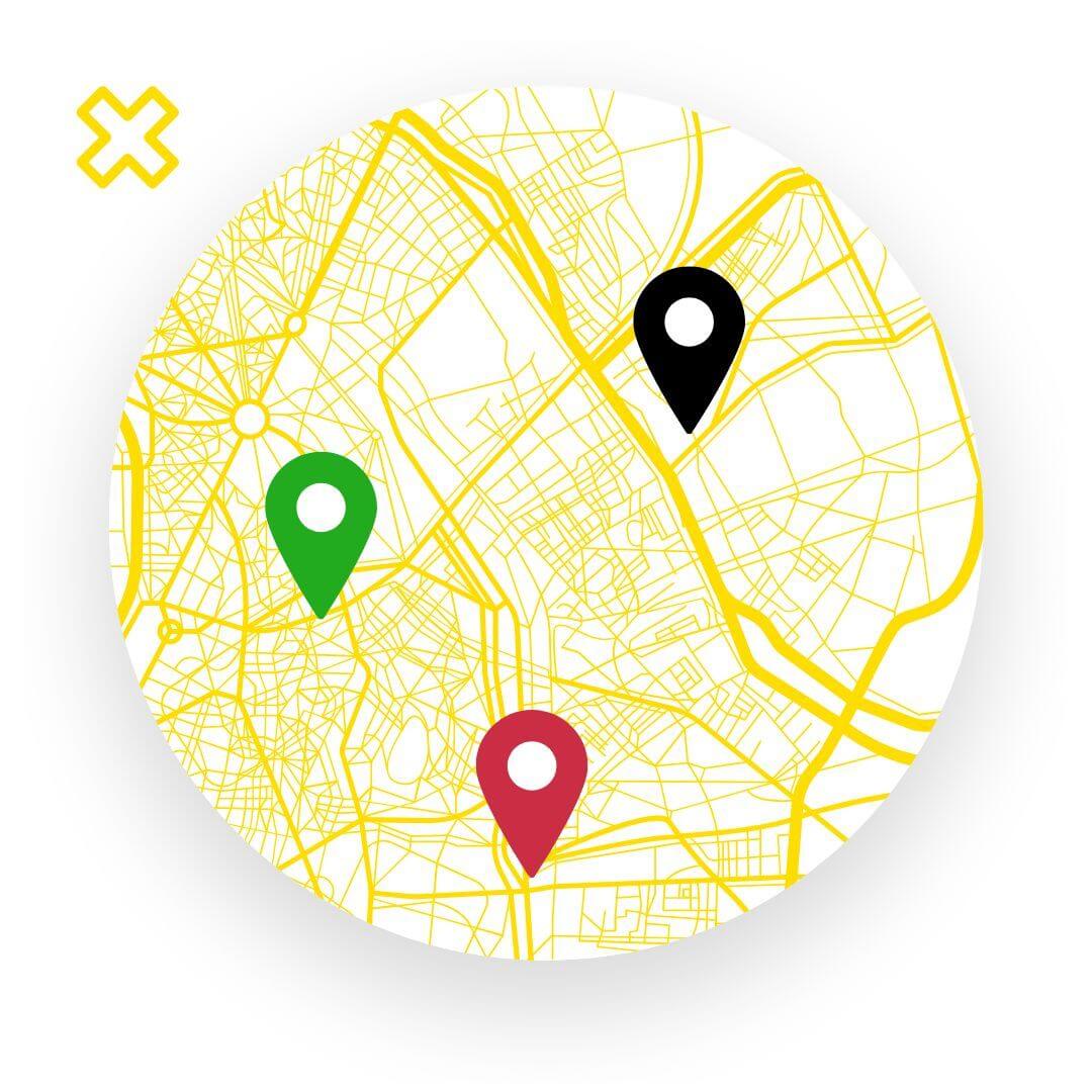 Interaktive Karte zu den HIVAR Standorten ein Kreisauschnitt mit gelben Straßen und bunten Markern